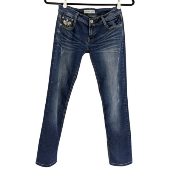 Liuce's Denim - Liuce's Jeans Denim Blue Rhinestone Embellished Distressed Low Rise  Women's 9